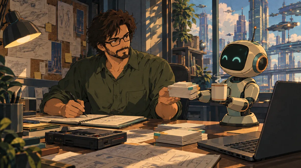 Ilustração: o designer prepara um roteiro de entrevista, e um pequeno robô sorridente, em cima da mesa, entrega a ele as fichas organizadas e um café