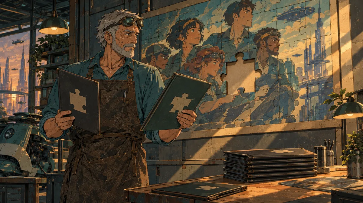 Ilustração: o veterano, diante de um quebra-cabeça de um time com uma peça faltando, compara dois portfólios com o formato da peça na capa