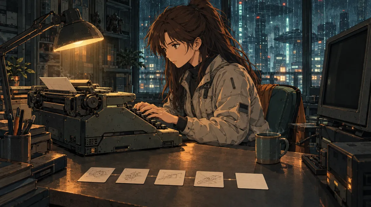 Ilustração: à noite, a engenheira escreve numa máquina de escrever retrofuturista, com cinco cartões enfileirados na mesa, o último em branco, e o monitor ainda desligado ao lado