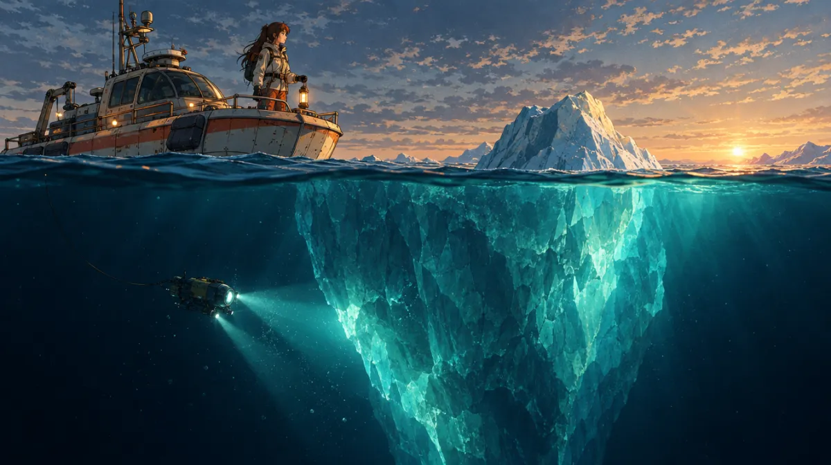 Ilustração: a engenheira, num barco ao amanhecer, olha a ponta de um iceberg, e, em corte abaixo da linha da água, aparece a parte escondida, muito maior