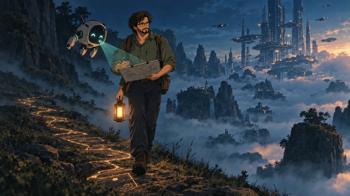 Ilustração: o designer, de lanterna e prancheta, caminha por uma paisagem de neblina com um pequeno robô que ilumina o caminho, e o trajeto vai se desenhando no chão