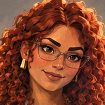 O rosto da VÉSPER: cabelo ruivo cacheado e óculos